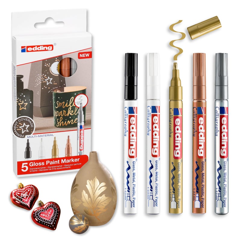 edding 753 Gloss Paint Marker â€“ Calligraphy Markers for Paper, Plastic, Glass, Metal, Carton & Stone â€“ 1-2.5 mm Chisel tip â€“ Waterproof & Highly Opaque â€“ 5 Colors (Black, White, Copper, Silver & Gold) - Image 1